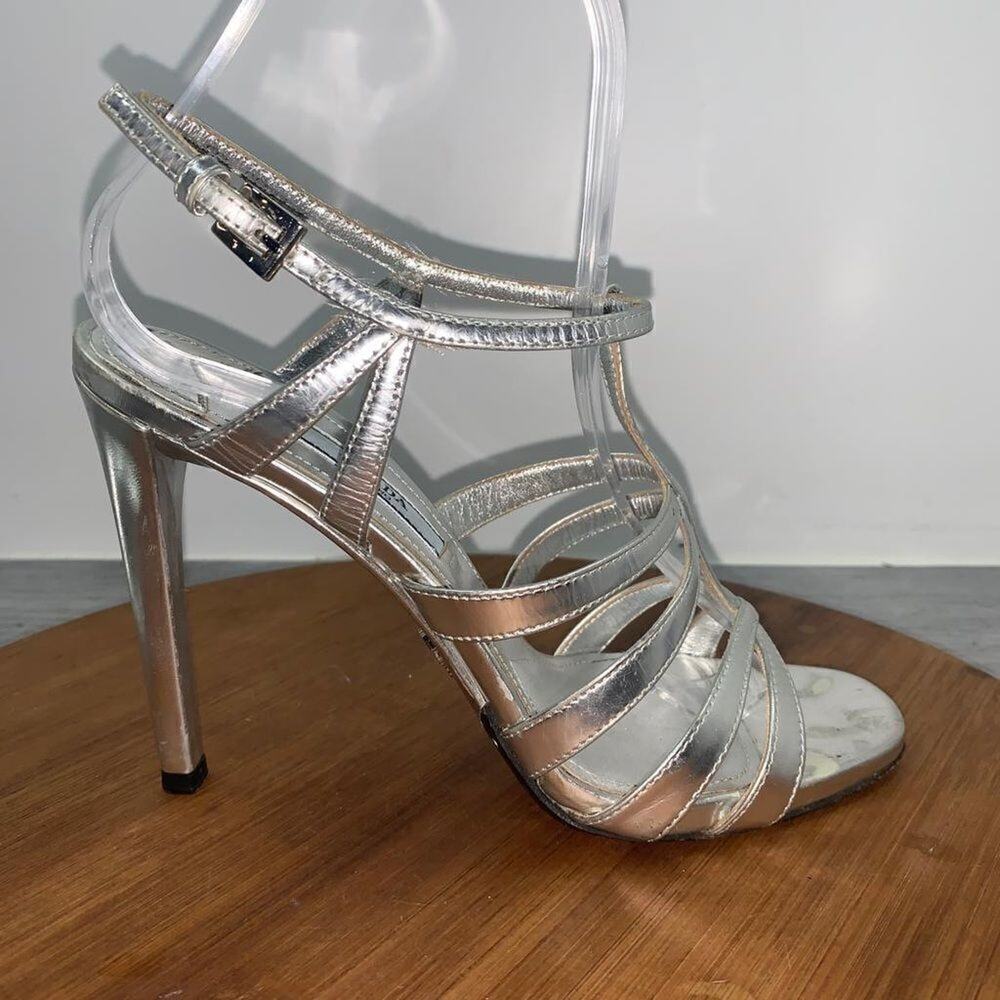 Prada Silver Metallic Caged Leather Heels Strappy Adjustable Women’s 37 EU 7 US